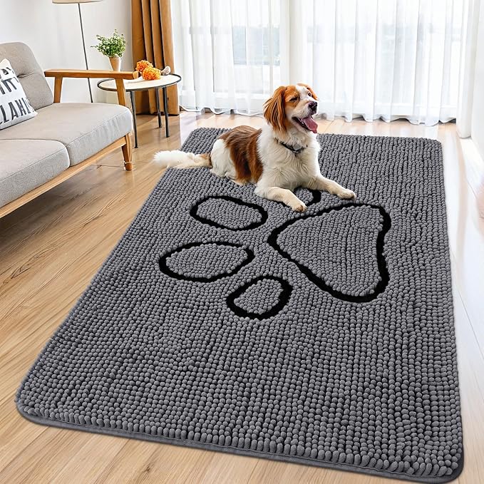 Smiry Dog Door Mat for Muddy Paws, Absorbent Dirt Trapper Non Slip Quick Dry Washable Chenille Mat for Mud Dogs, Entry Rug for Indoor and Outdoor (59x35 Inches, Dark Grey and Black)