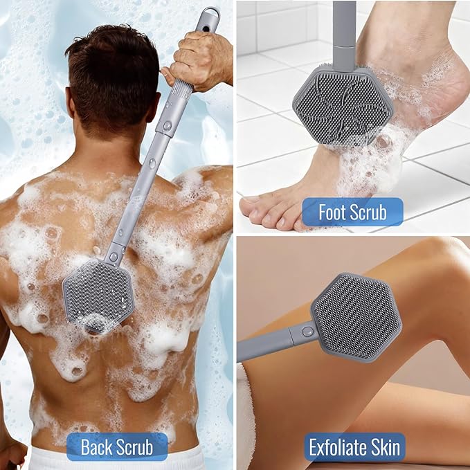 AIMAIAIMAI Silicone Back Scrubber for Shower – 21in Extendable Shower Brush with Long Handle – Dual-Sided Back Brush with Non-Slip Grip, Gentle Cleansing & Exfoliation for Men, Women, Elderly (Gray)