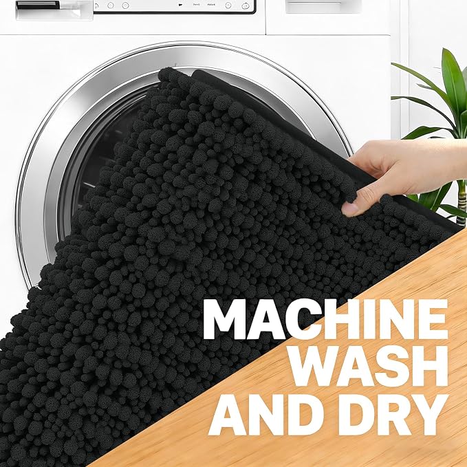 OLANLY Bathroom Rug Mat 59x35, Thick Soft and Absorbent Chenille Bath Mat, Non-Slip Rubber Backing, Machine Washable Quick Dry Bath Rugs for Tub Shower Floor, Home Decor Accessories, Black