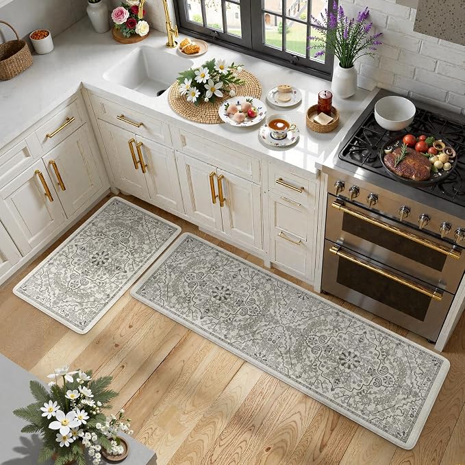 KIMODE Anti Fatigue Kitchen Mats for Floor 2 Piece, Cushioned Boho Distressed Kitchen Rugs, Memory Foam Kitchen Floor Mats, Summer Standing Desk Mats for Laundry Office Sink Grey 20"x59"+20"x32"