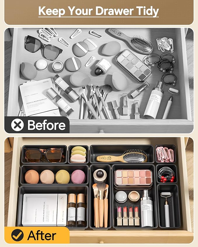 KEMETHY 25 PCS Plastic Drawer Organizers Set, 4 Sizes Vanity Organizer, Makeup and Desk Drawer Organizer Trays, Organization and Storage for Makeup, Bathroom, Kitchen Utensils and Office (Black)
