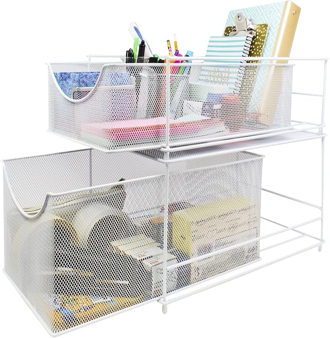Sorbus® Cabinet Organizer Set—Mesh Storage Organizer with Pull Out Drawers—Ideal for Countertop, Cabinet, Pantry, Under the Sink, Desktop and More (White Two-Piece Set)