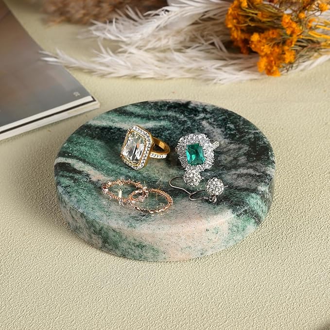 Koville Marble Jewelry Dish, Small Round Trinket Dish for Ring Necklace Earring, 4" Decorative Dish, Natural Stone Soap Dish for Bathroom Kitchen