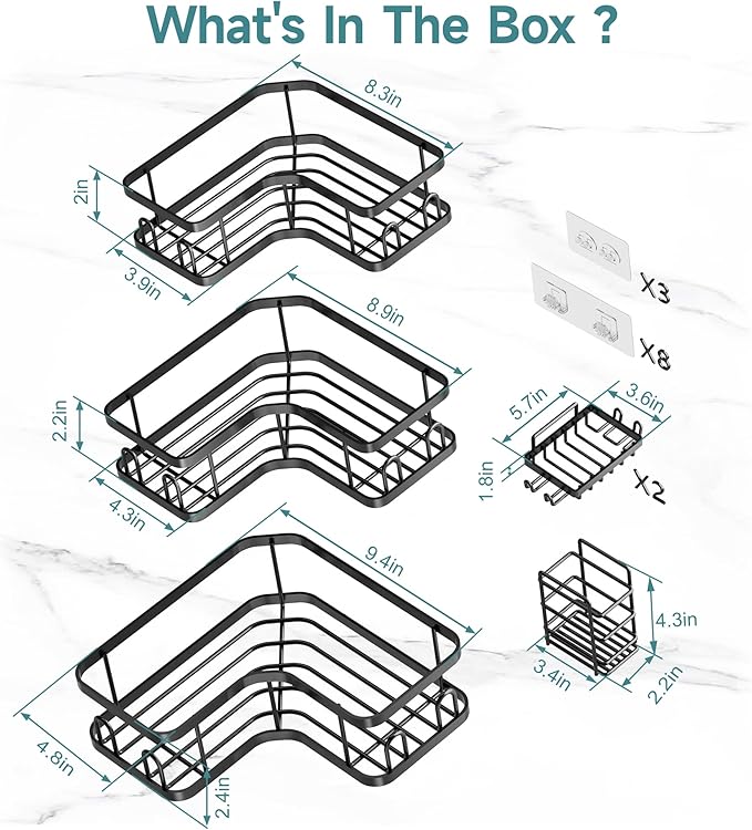 Veken Corner Shower Caddy 6-Pack, Advanced Rustproof Design, No Drilling Adhesive Shelves, Rack with Soap Holder, Large Capacity Bathroom Organizers and Storage, Wall-Mounted Kitchen&Home Decor,Black