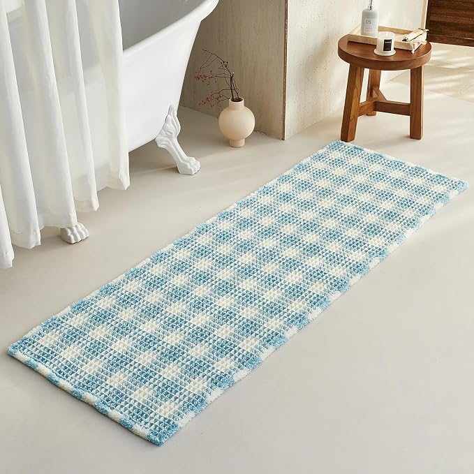 TYUU Waffle Runner Rug Bathroom, Long Boho Bathroom Rugs Non Slip Washable Absorbent Checkered Bathroom Mat Quick Dry Cute Bath Mat, 72"x24" Blue and White