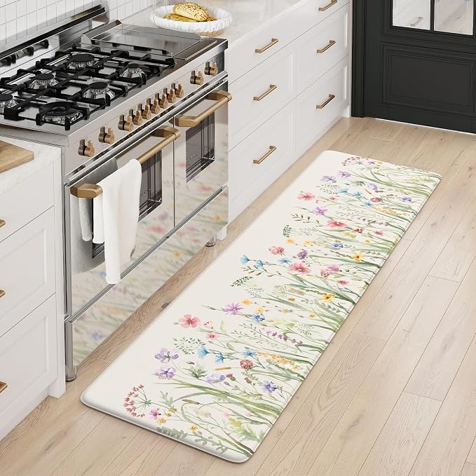 KIMODE Anti Fatigue Kitchen Mat, Cushioned Boho Kitchen Runner, Non Slip Farmhouse Kitchen Mat for Floor, Waterproof Standing Desk Mat for Laundry, Office, Sink White 17.3"x59"