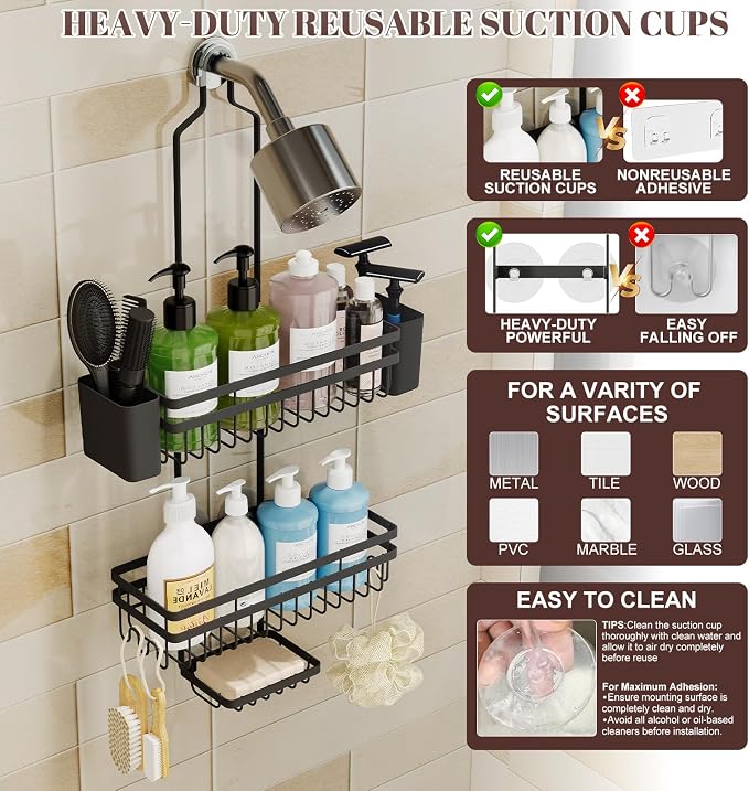 Shower Caddy Hanging for Bathroom Organizers and Storage,3 Tier Adjustable Anti-Swing Shower Organizer Hanging with Heavy-Duty Suction Cups, Damage-Free Rustproof (Black)