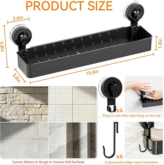 Black 2 Pack Acrylic Shower Caddy Suction Cup,No Rust Bathroom Organizers and Storage Holder,Plastic Wall Mounted Shower Shelves,Bathtub Storage Organizer,Shampoo and Conditioner Holder for Washroom