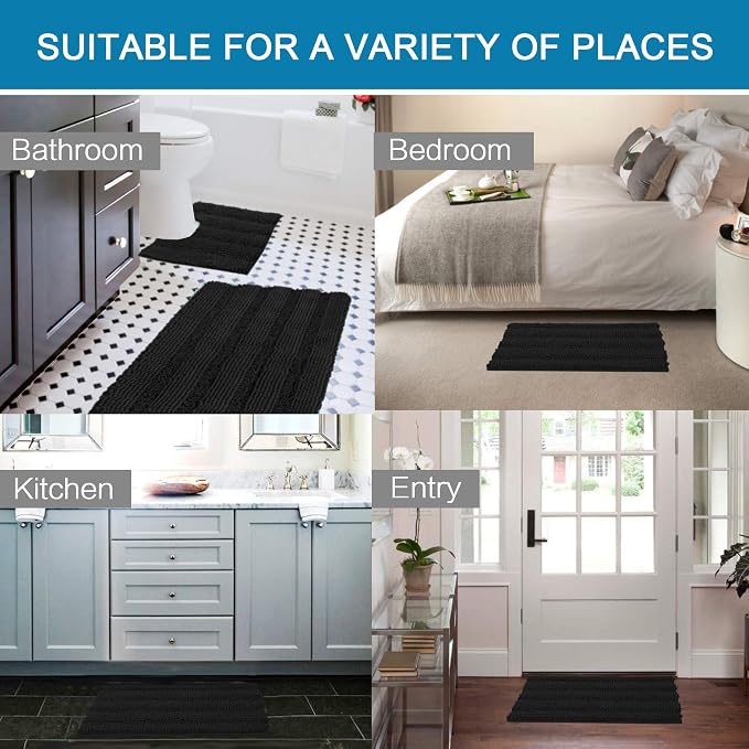 H.VERSAILTEX Bathroom Rugs Bath Rug Set 2 Piece Bathroom Contour Rug Toilet Mat Sets Non Slip Contour Bath Rug Set Ultra Thick Water Absorbent Striped Washable(20" x 32" Plus 20" x 20" U, Black)