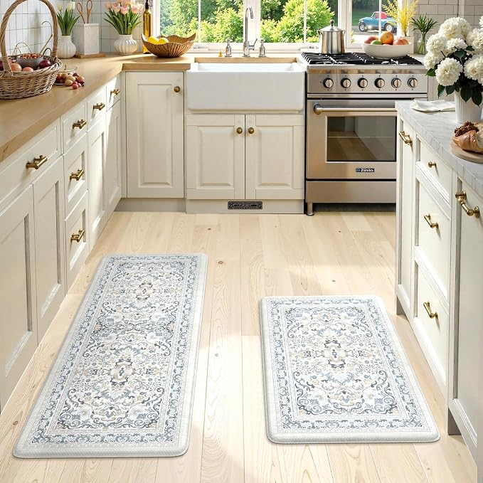 KIMODE Kitchen Floor Mats Cushioned Anti Fatigue,Boho Vintage Floral Rugs Sets of 2,Ergonomic Memory Foam Carpet Non Slip, Comfort Runner for Sink Laundry Office,Light Blue 17"x29.5"+17" x47”