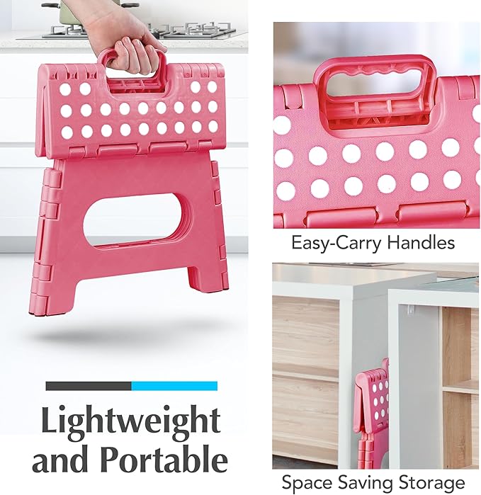 Handy Laundry Folding Lightweight Step Stool - Sturdy Enough to Support Adults - Opens Easy with One Flip - Great for Kitchen, Bathroom or Bedroom (Pink | 2-Pack)