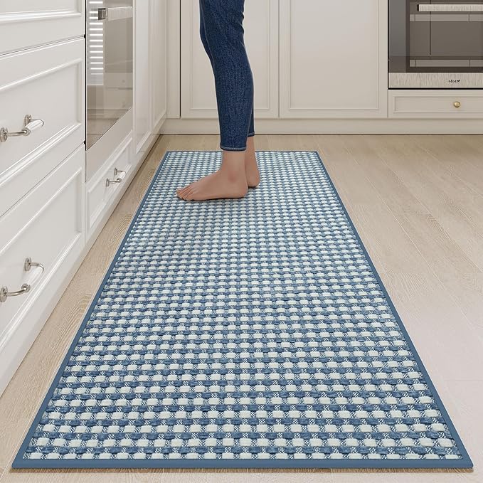 YDKGL Long Kitchen Runner Rugs Kitchen Mat Non Slip Washable, Super Absorbent Soft Chenille Braided Kitchen Mats for Floor, Rubber Backing Kitchen Floor Sink Standing Mat, Easy Clean, Blue 24"x71"