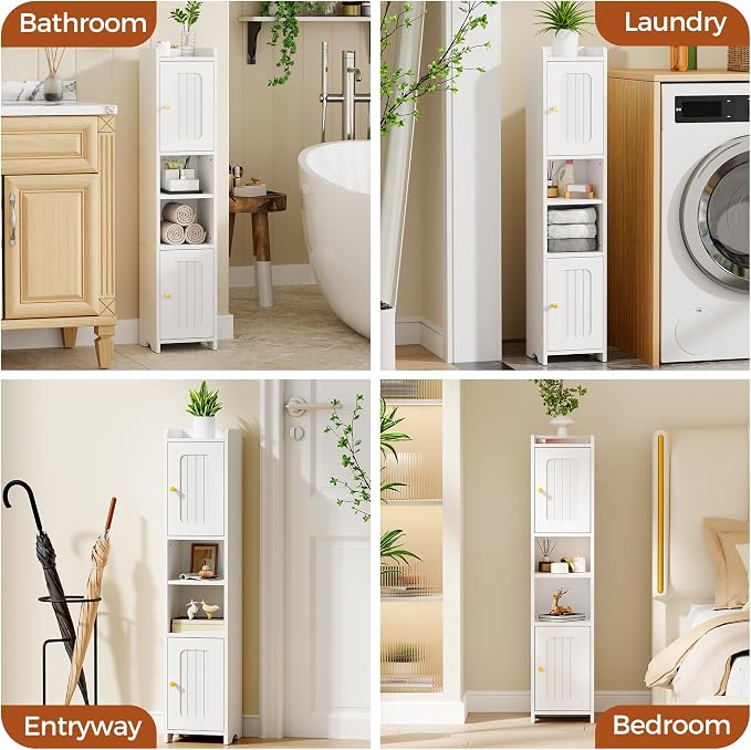 ANWBROAD Slim Bathroom Storage Cabinet Corner Narrow Cabinet with 2 Doors and Adjustable Shelf Freestanding Small Bathroom Organizers and Storage for Small Spaces, Kitchen, Living Room White USBC011W