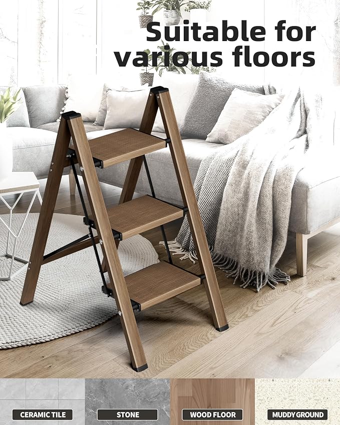 HillhutApex 3 Step Stool, Aluminum Foldable Step Ladder, Lightweight Stable Stool with Wide Non-Slip Pedals, 330lbs Bearing Capacity Ladder for Office,Home,Kitchen - Walnut