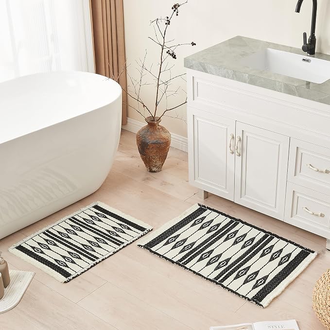 Douceur Boho Bath mat for Bathroom Floor Non Slip, Acrylic Blend Cute Bath Rugs with Tassels, Farmhouse Bathroom Rugs with Geometric Tribal Ethnic Pattern Design in Black and Cream White, 24" x 36"