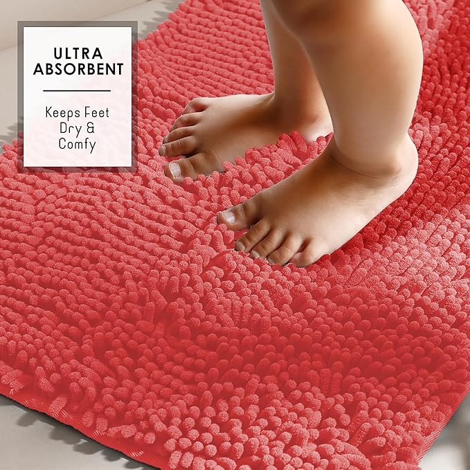 Hearth & Harbor Bathroom Rugs, Chenille Bath Mat - Machine Washable Bath Mats for Bathroom Non-Slip Backing Rubber, Quick Dry Bathroom Mat - Rose 17x24-20x24