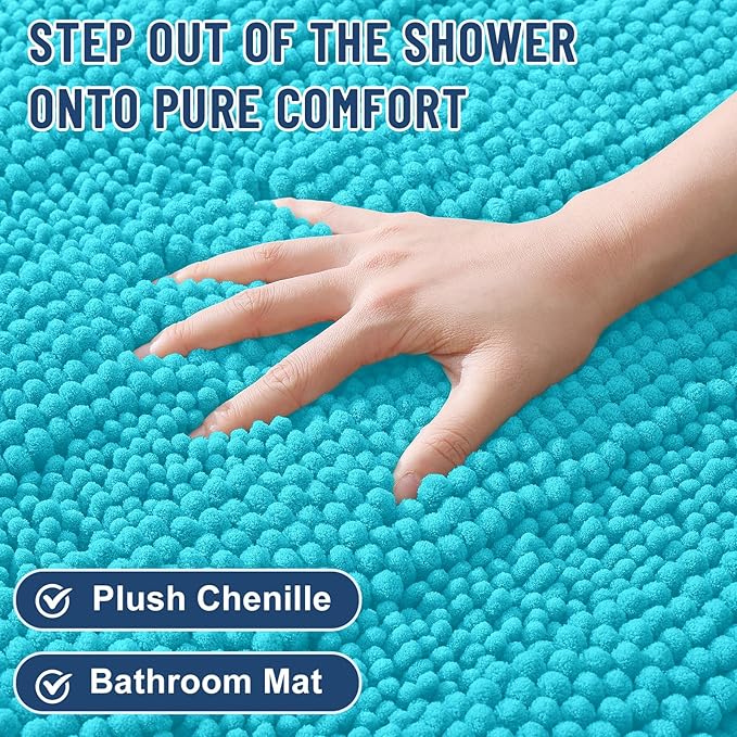 Grandaily Chenille Striped Bathroom Rugs 36x24, Extra Thick and Soft Absorbent Bath Mats, Rubber Backing, Plush Shaggy Shower Carpet, Machine Wash Dry, Bath Rug for Bathroom, Aqua Sky