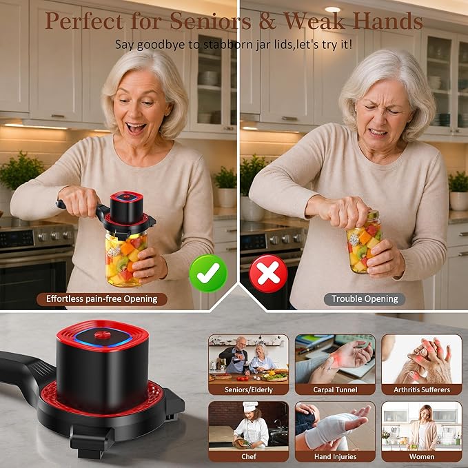 Electric Jar Opener for Seniors with Auto-Adjusting Gripper, Rechargeable Jar & Bottle Openers for Weak Hands and Arthritis, Easy Twist Off Lid Opener with Rubber Gripper Pad, Fits 1"-3.5" Lids(Red)