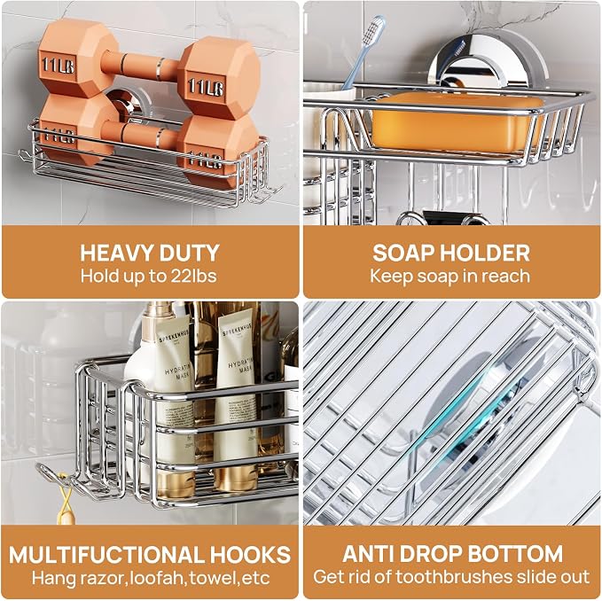 LEVERLOC Shower Caddy Suction Cup, 3 Pack Heavy Duty Bathroom Organizer for Inside Shower with Hooks & Soap Holder, Removable Bathroom Holder