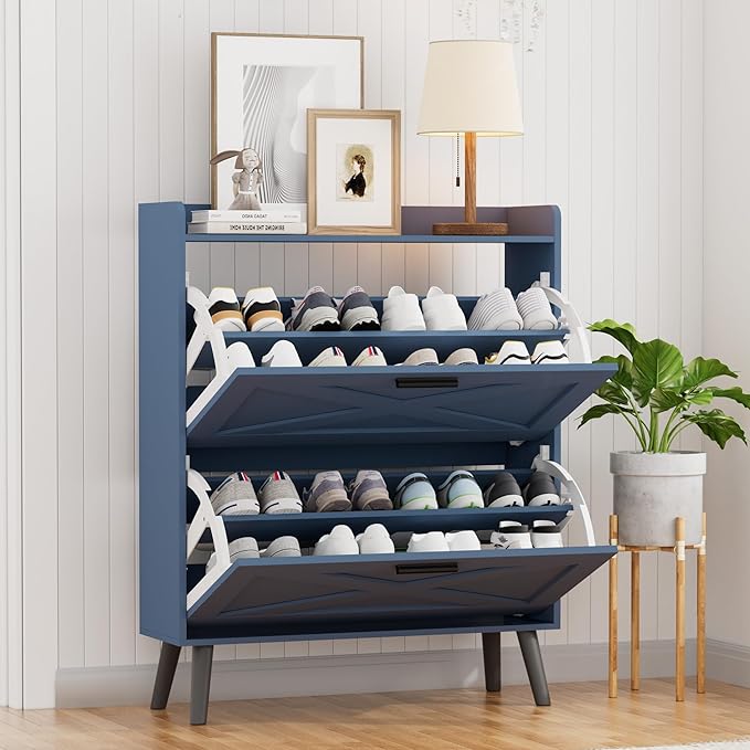 Homleke 32" W Farmhouse Shoe Storage Cabinet with 2 Flip Drawers and Barn Door Design, Adjustable Shelves, Modern Hidden Slim Narrow Shoe Rack Cabinet for Entryway, Foyer, Hallway, Living Room, Blue