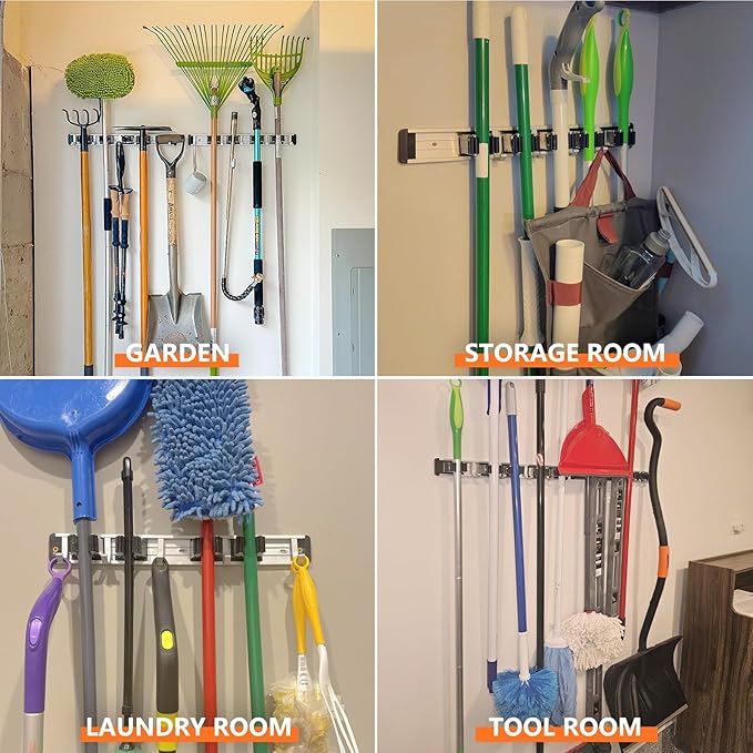 reliahom Broom Holder Wall Mount, 2 Pack 5 Racks with 4 Hooks Black - Mop Storage Tool Racks, Broom Hanger Tool Organizer for Garage, Kitchen, Garden, Laundry Room