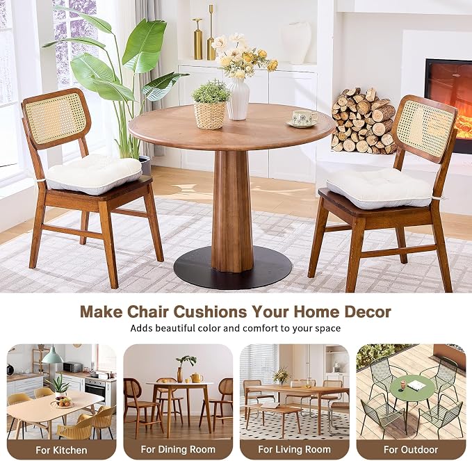BETU White Chair Cushions for Dining Chairs Set of 2,3.5" Thick Kitchen Table Chair Pads with Ties,Non Slip Backing and Covers, Seat Cushion for Dining Room,Bar,Patio Chairs,15.5"X15.5"X3.5",White