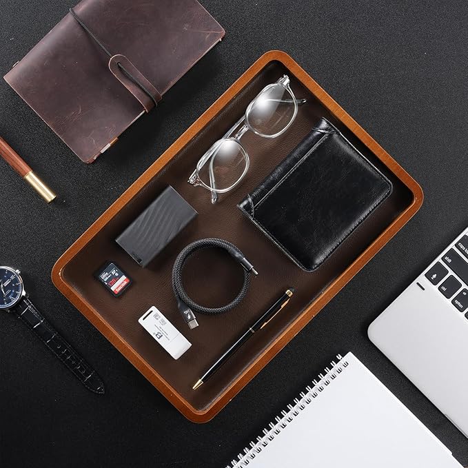 ProCase Wooden Valet Tray for Men, Wood Catch-All EDC Organizer, Fathers Day Gift, Nightstand Entryway Bedside Dump Holder for Wallets, Keys, Watches, Phones, Loose Change, Trinkets -DarkBrown