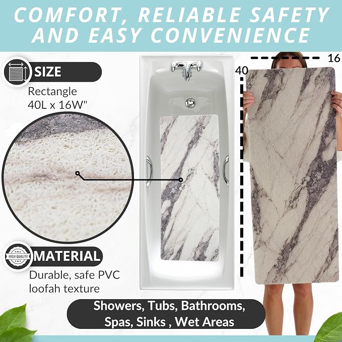 Non Slip Bathtub Mat Shower Mat for Tub - Loofah Bath Mats for Bathroom - 40x16 Bathtub Floor Mat - Textured Anti Slip Bath Mat Without Suction Cups - Secure Mat for Wet Areas (40x16 Marble Gray)