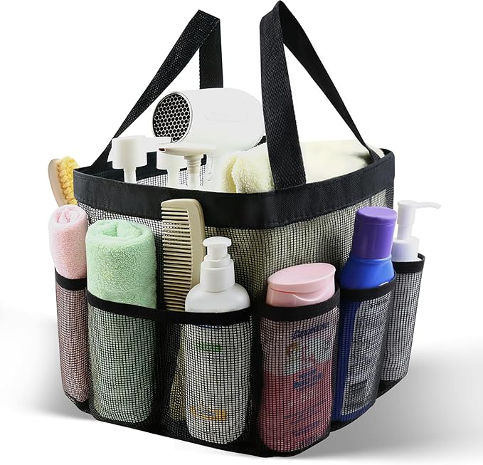 Mesh Shower Caddy Portable, Shower Tote Bag for Dorm Room Essentials, 8 Pockets Large Shower Basket for College Gym Beach Camping (1, Black)