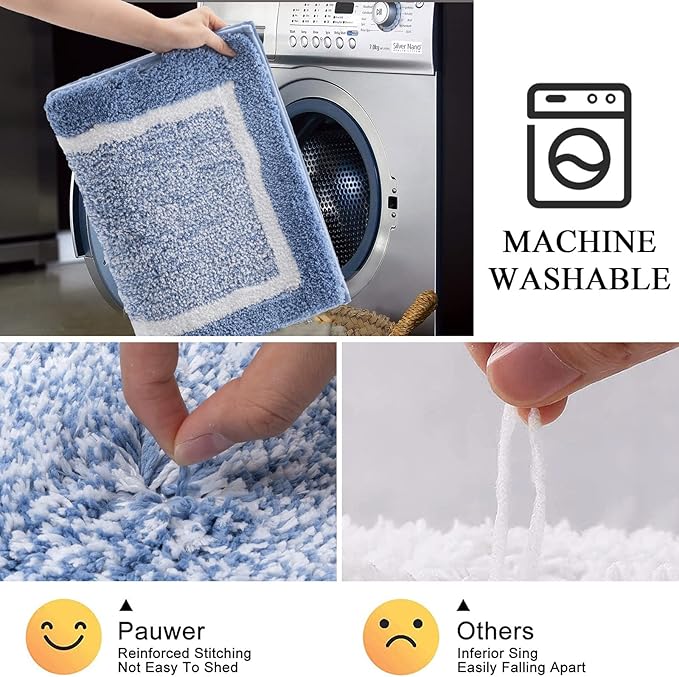 Pauwer Bathroom Rugs Sets 2Pc, Non Slip, Absorbent, Machine Washable, Blue, 18x26+18x48 inches