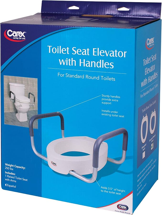 Carex 3.5 Inch Raised Toilet Seat with Arms, Round Toilet Seat Riser, 300 lbs Capacity, Elevating and Raising Seat for Elderly and Handicap, Universal, Slip-Resistant with Padded Handles, White