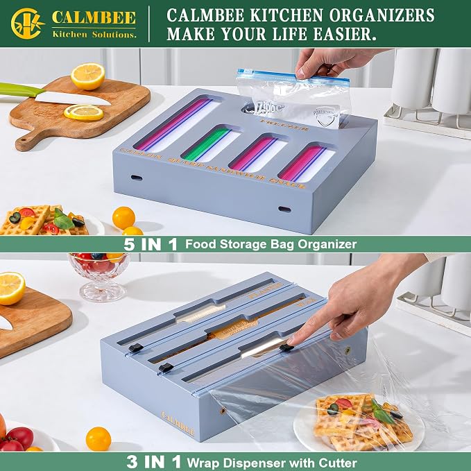 Calmbee 9 in 1 Bamboo Storage Bag Organizer for Kitchen Drawer – Plastic Wrap Dispenser with Cutter & Foil Organizer, Wooden Baggie Organizer for Sandwich, Snack, Gallon, Quart Sizes, Grey