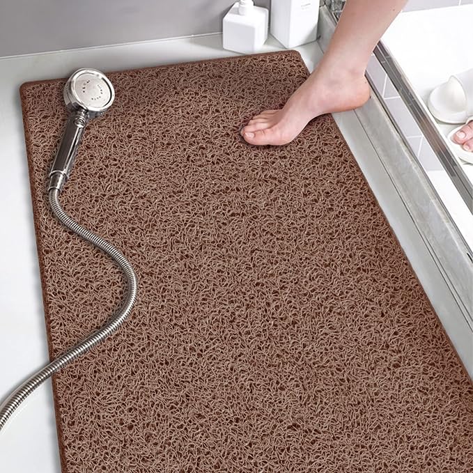 godehone Shower Mats Non Slip Without Suction Cups, PVC Loofah Bathroom Mats, Loofah Mats for Shower and Bathroom, Quick Drying, 15.7× 36 Inch, Brown