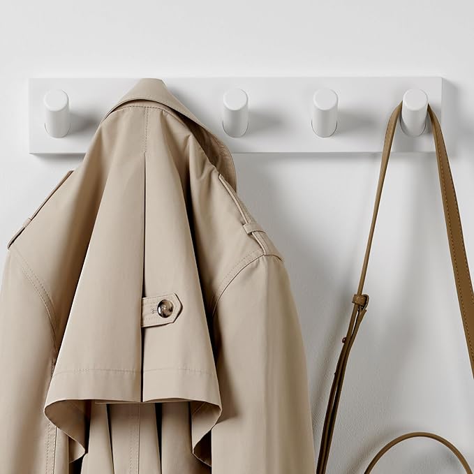 LARHN Wall Mounted Coat Rack, White with 5 Heavy-Duty 1" Diameter Hooks, 16.5" - Wall Hook Rack - Modern Scandinavian Home Decor