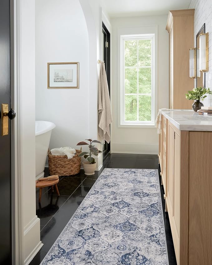 Lahome Moroccan Trellis Washable Runner Rug, 2x6 Kitchen Runners for Hallways 6 Feet Non Slip, Vintage Laundry Room Ultra-Thin Carpet for Bathroom Bedroom Entryway Elise, White/Royal Blue