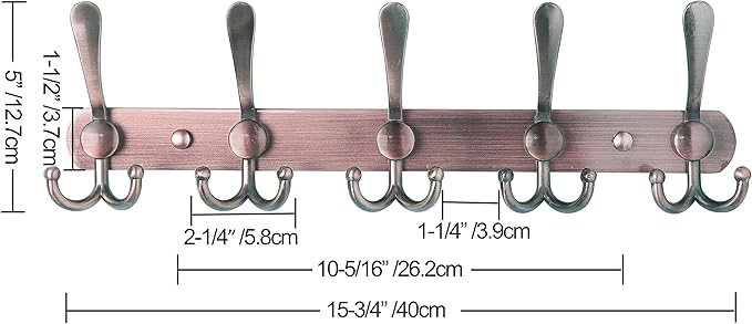 Dseap Wall Mounted Coat Rack - 5 Tri Hooks, Heavy Duty, Stainless Steel, Metal Coat Hook Rail for Coat Hat Towel Purse Robes Mudroom Bathroom Entryway (Antique Copper, 2 Packs)