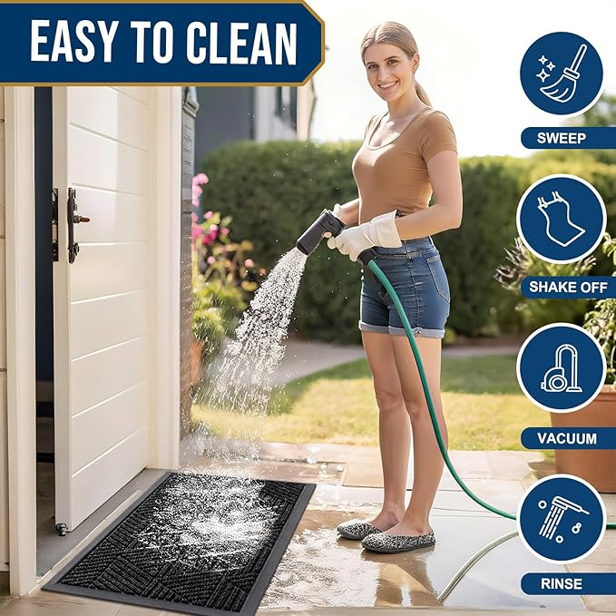 Smiry Front Door Mat Outside Entrance, Heavy Duty Sturdy Natural Rubber Doormat, Trap Dirt and Moisture, Easy Clean Low Profile Mats for Indoor Outdoor Entry, Irregular Triangle (59x30, Black)