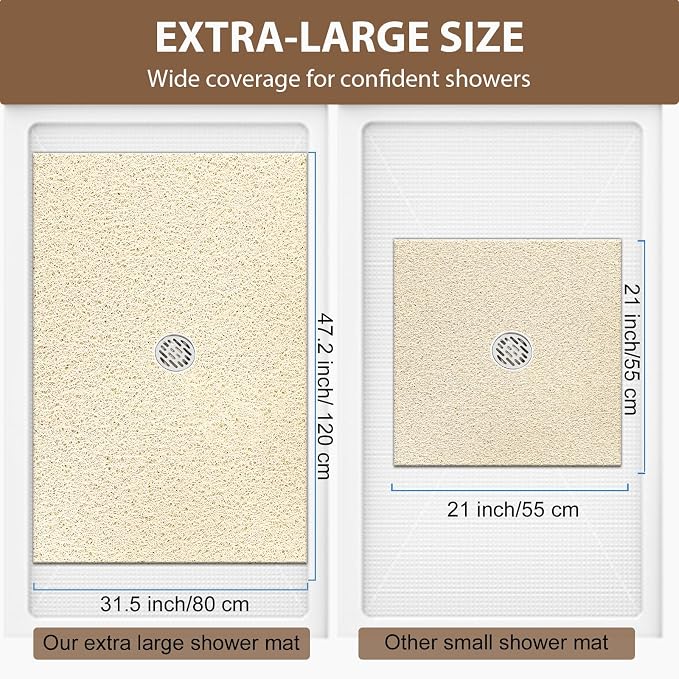 Shower Mat Non Slip: 47.2 x 31.5 Inch Extra Large Shower Mats for Inside Shower with Drain Hole - Soft PVC Loofah Anti Slip Shower Stall Mat for Walk-in Shower and Bathroom, Quick Drying