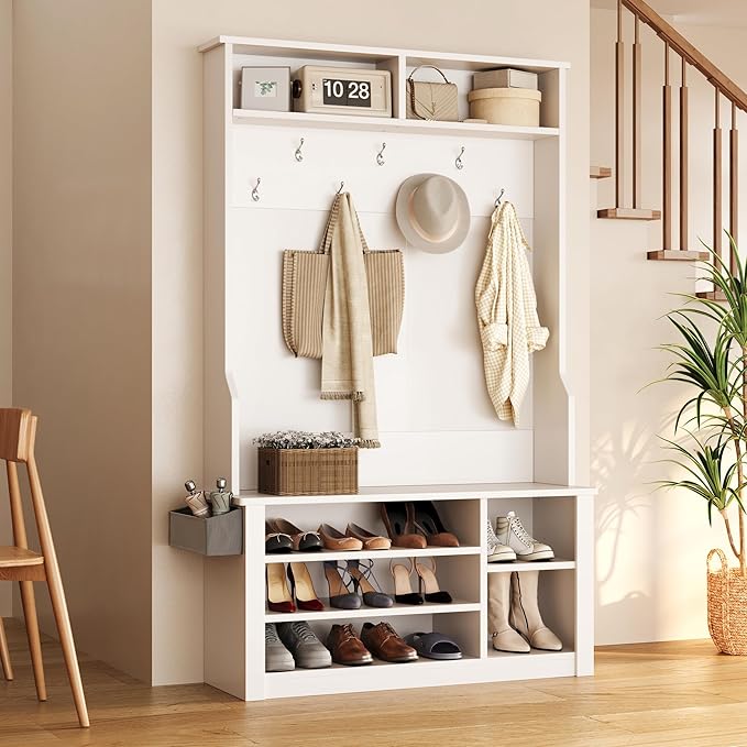 Aiho Hall Tree with Bench and Shoe Storage, 3-in-1 Entryway Hall Tree, with Adjustable Shoe Storage, for Entryway, Hallway, White