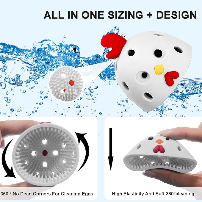 Egg Washer for Fresh Eggs, Egg Scrubber for Fresh Eggs, Reusable Silicone Chicken Shaped Scrubs, Chicken Egg Cleaner, Eggshell Cleaner for Poultry Farm, Housewife Kitchen Helper Tool (White Chick Cap)