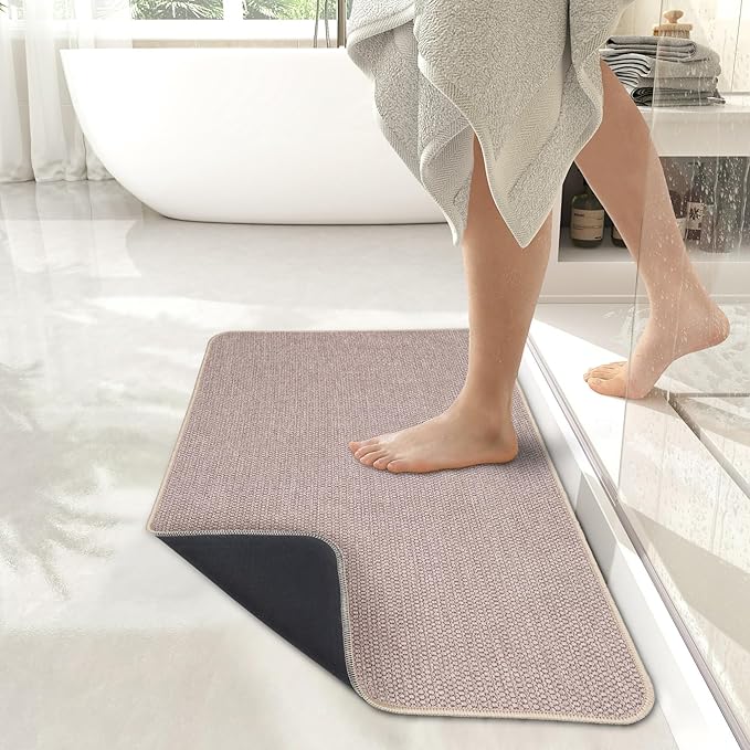 Bosap Bath Mat,Ultra Thin Bathroom Runner Rugs,Large Bath Mats for Bathroom,Quick Dry,Non-Slip,Machine Washable,Low Pile,Bath Rug,Shower Outside,Sink,Home Decor Accessories.Beige,3'x5'(36x60inch)