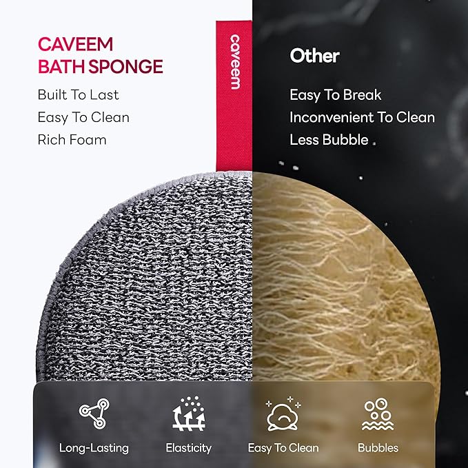 Caveem Exfoliating Body Scrubber, Extra Rough Shower Exfoliator Sponge, Body Exfoliating Sponges for Remove Dead Skin, Bath and Body Exfoliate Buffer, Round Sponge for Women (2 Pack)
