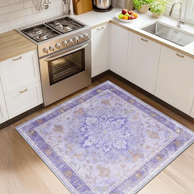 RELEANY Area Rugs Square 4ft Washable Non-Slip, Floral Vintage Distress Medallion Carpet for Living Room Bedroom Dining Room, Light Purple Brown