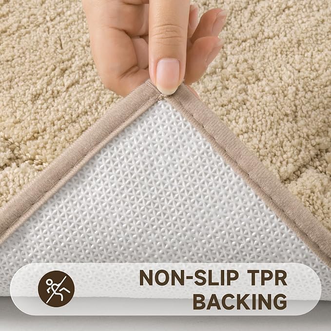 Pauwer Bathroom Rugs Set 5 Piece Non Slip Washable Bath Mat Set with U Shaped Contour Toilet Rugs Plush Absorbent Microfiber Shower Mat and Toilet Lid Cover for Bathroom, Beige
