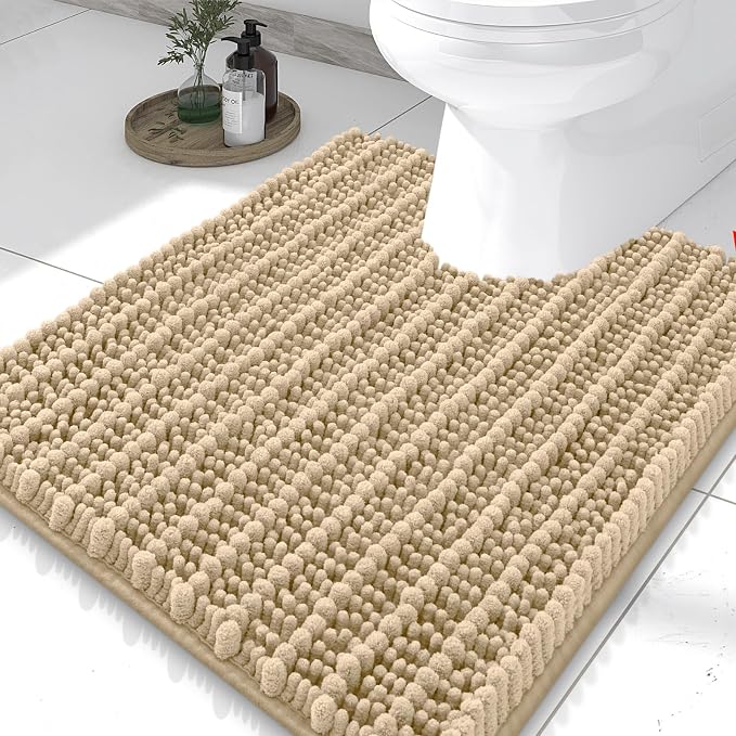 Smiry Bathroom Toilet Rugs U Shaped 24x20, Extra Soft Absorbent Non Slip Rubber Backing Chenille Contour Bath Rugs for Toilet, Machine Washable Contoured Bath Mats, Beige