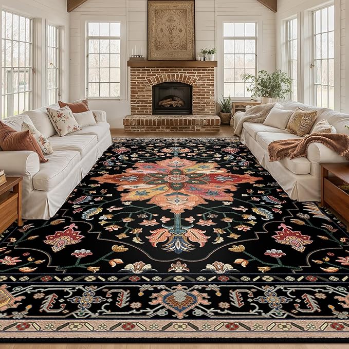 RELEANY Area Rugs Large 10'x12' Washable Non-Slip, Floral Vintage Distress Medallion Carpet for Living Room Bedroom Dining Room, Black Colorful Floral Dark Tan
