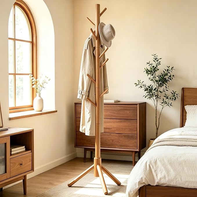 Wooden Coat Rack Freestanding with 8 Hooks & 3 Adjustable Sizes for Clothes, Space-Saving Design for Bedroom Office Entrance Holds Hats Coats Scarves Bags