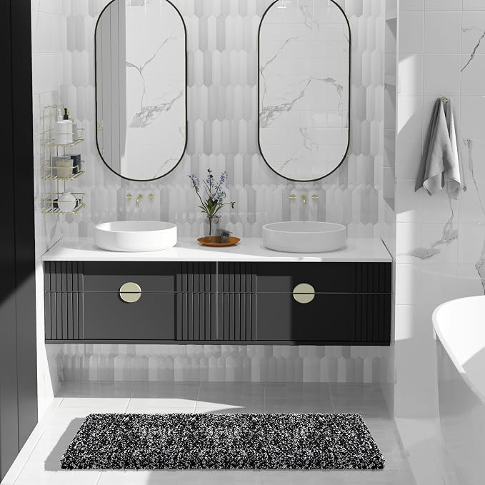 Yimobra Black and White Bathroom Rugs, Luxury Fluffy Bath Mats, Non Slip, Water Absorbent Microfiber, Machine Washable, Plush Runner Carpet Shower Rugs, Thick Matts for Bathroom Floor&Tub, 44" X 24"