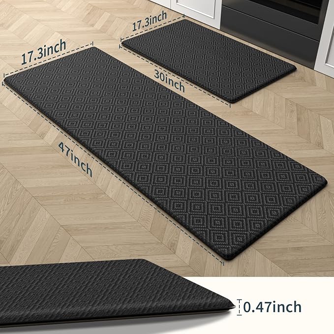 Mattitude Kitchen Mat 2PCS Kitchen Rugs Cushioned Anti-Fatigue Rug Waterproof Standing Desk Mat Kitchen Mats for Floor Kitchen Rug Set for Kitchen, Sink, Office 17.3"×30"+17.3"×47"-0.47inch Black