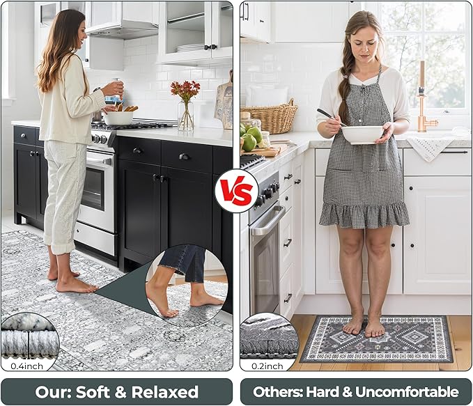GRANNY SAYS Boho Kitchen Rug Sets of 3, Non Slip Washable Faux Wool Kitchen Mats for Floor, Thick Soft Anti-Fatigue Comfort Standing Mat Runner Rugs for Hallway Laundry Room, Grey